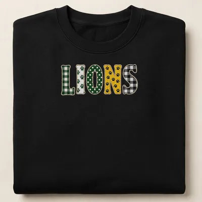 Cute paw pattern featuring playful lions with the word LIONS printed — printed on a unisex sweatshirt