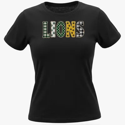 Cute paw pattern featuring playful lions with the word LIONS printed — printed on a women's shirt