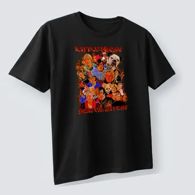 Collage design featuring Little Nicky with colorful text about being evil — printed on a unisex t-shirt (angled view)