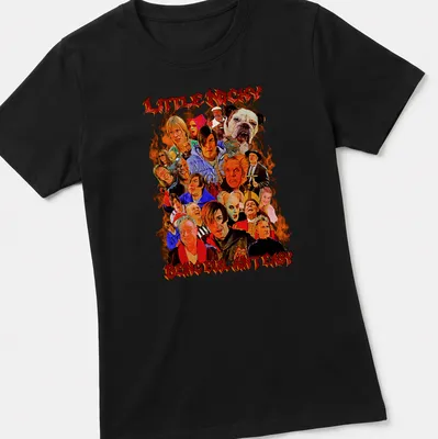 Collage design featuring Little Nicky with colorful text about being evil — printed on a women's shirt