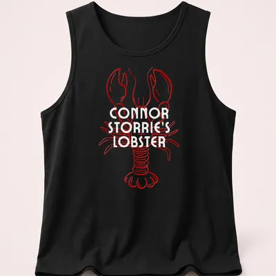 Line-art lobster illustration in red on a T-shirt resembling a magazine cover — printed on a tank top