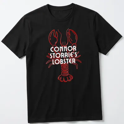 Line-art lobster illustration in red on a T-shirt resembling a magazine cover