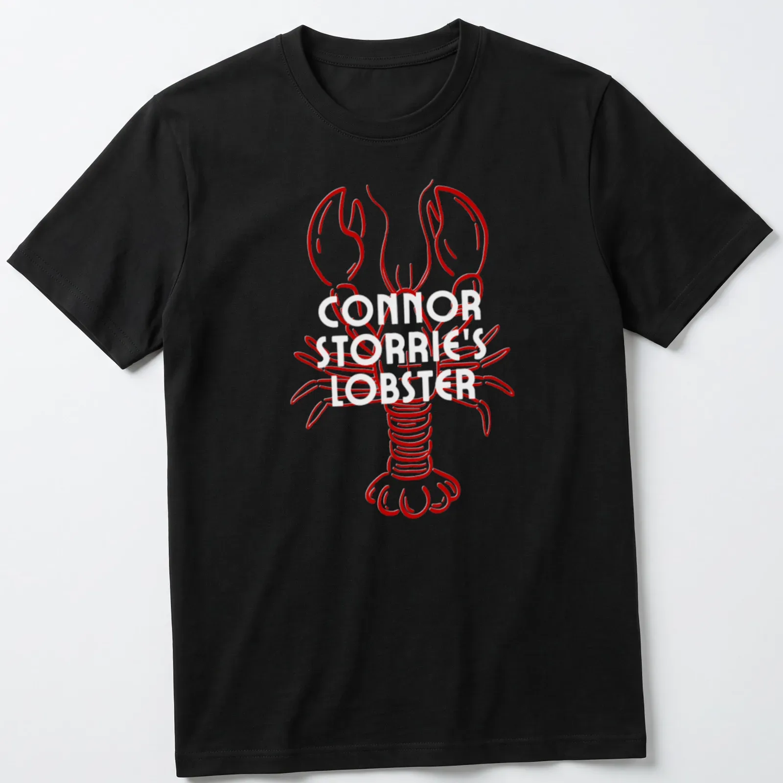 Line-art lobster illustration in red on a T-shirt resembling a magazine cover — printed on a unisex t-shirt