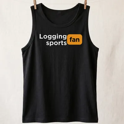 Bold typography shirt with the text Logging Sports Fan in black, orange, and white — printed on a tank top