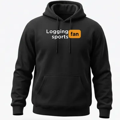 Bold typography shirt with the text Logging Sports Fan in black, orange, and white — printed on a unisex hoodie