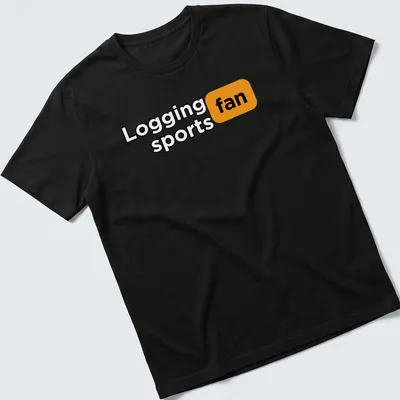 Bold typography shirt with the text Logging Sports Fan in black, orange, and white