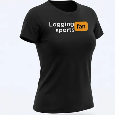 Bold typography shirt with the text Logging Sports Fan in black, orange, and white — printed on a women's shirt