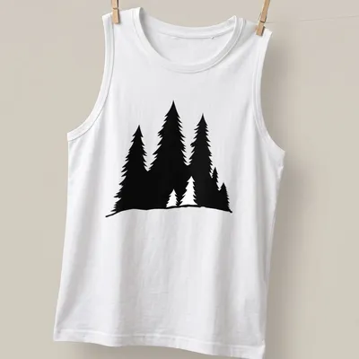 Black silhouette of lumberjack trees on minimalist — printed on a tank top