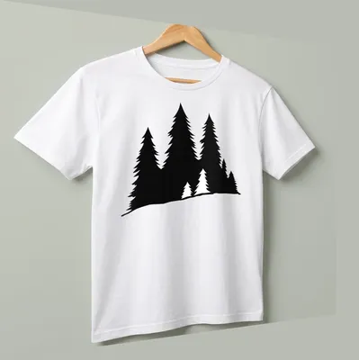 Black silhouette of lumberjack trees on minimalist — printed on a unisex t-shirt (angled view)