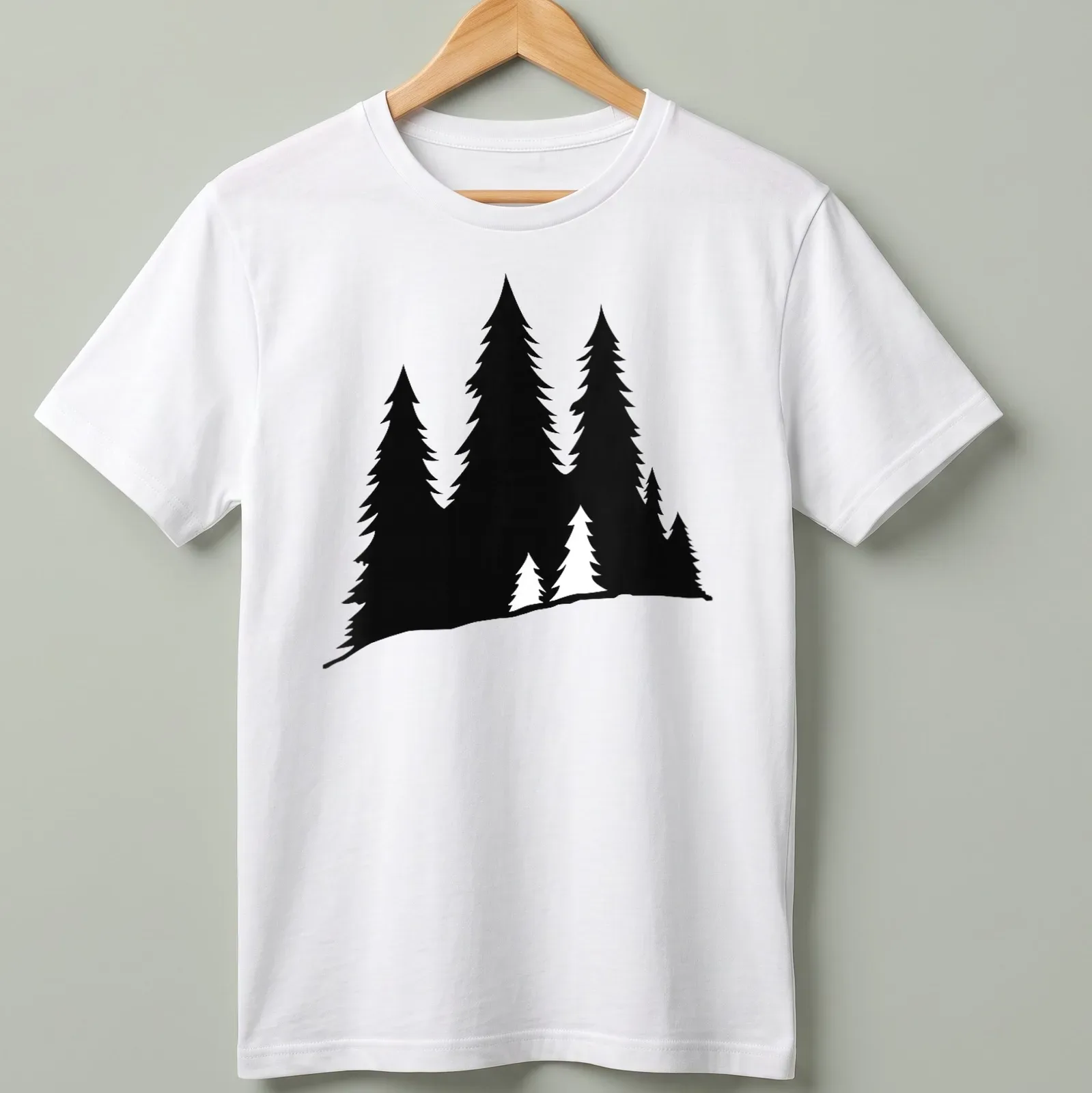 Black silhouette of lumberjack trees on minimalist — printed on a unisex t-shirt