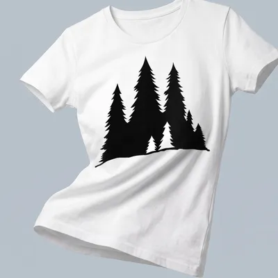 Black silhouette of lumberjack trees on minimalist — printed on a women's shirt