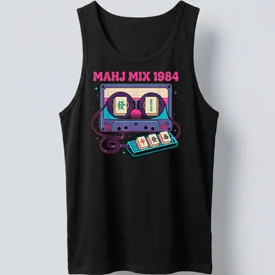 Retro T-shirt featuring Mahjong tiles and cassette tape in synthwave style — printed on a tank top