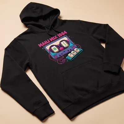 Retro T-shirt featuring Mahjong tiles and cassette tape in synthwave style — printed on a unisex hoodie