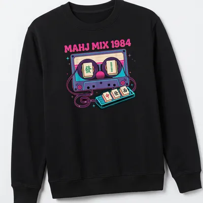 Retro T-shirt featuring Mahjong tiles and cassette tape in synthwave style — printed on a unisex sweatshirt