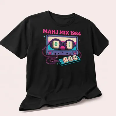 Retro T-shirt featuring Mahjong tiles and cassette tape in synthwave style — printed on a unisex t-shirt (angled view)