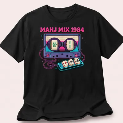 Retro T-shirt featuring Mahjong tiles and cassette tape in synthwave style