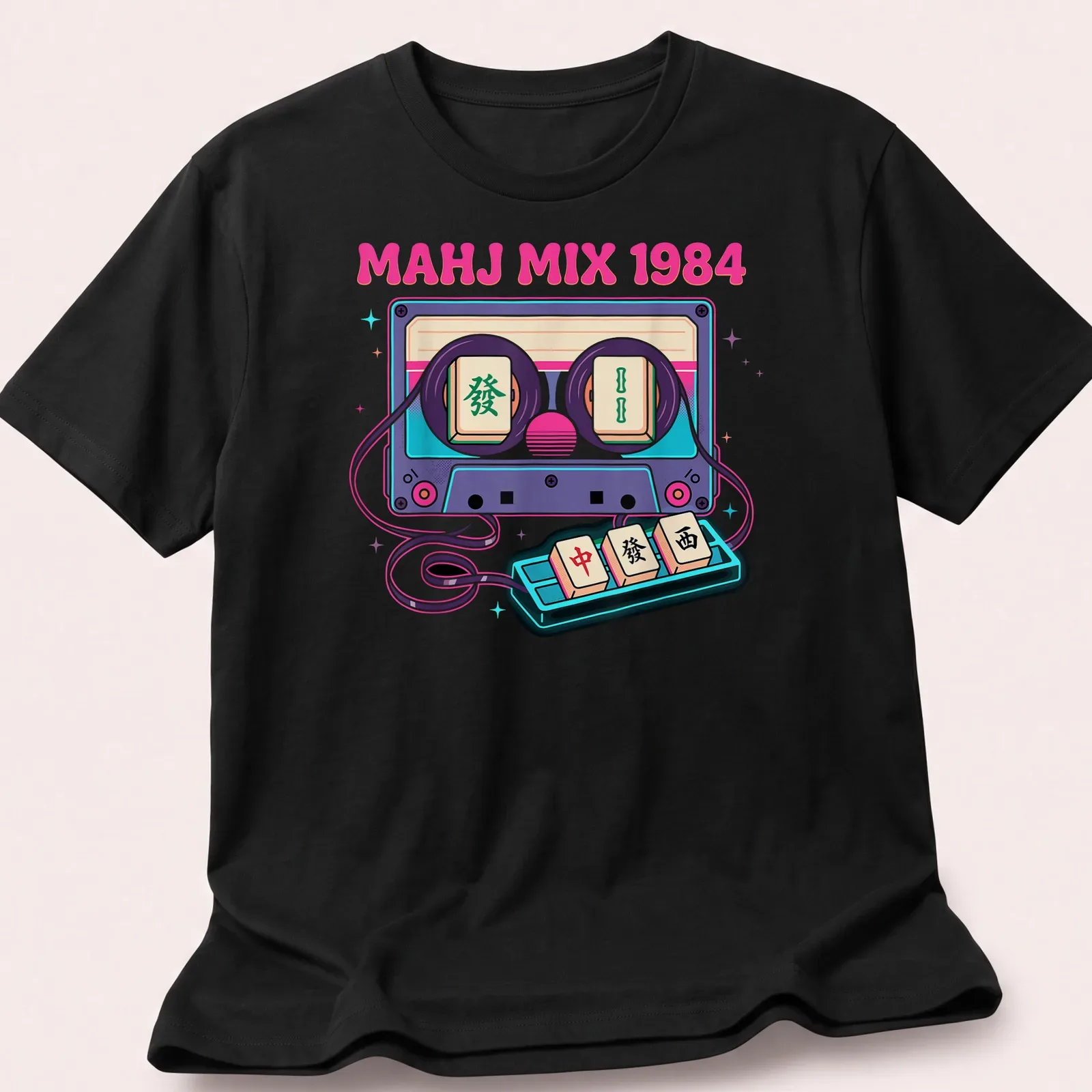Retro T-shirt featuring Mahjong tiles and cassette tape in synthwave style — printed on a unisex t-shirt