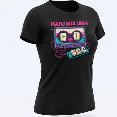 Retro T-shirt featuring Mahjong tiles and cassette tape in synthwave style — printed on a women's shirt