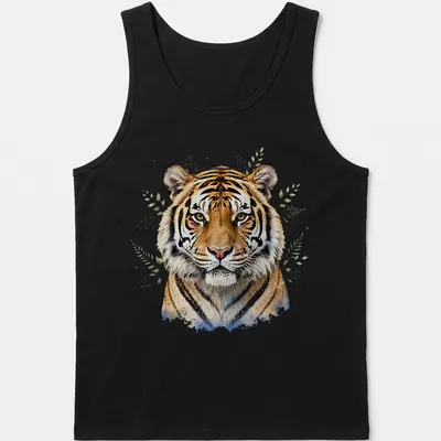 Watercolor print of a majestic tiger with a vibrant background in orange, black, white, green, and blue — printed on a tank top
