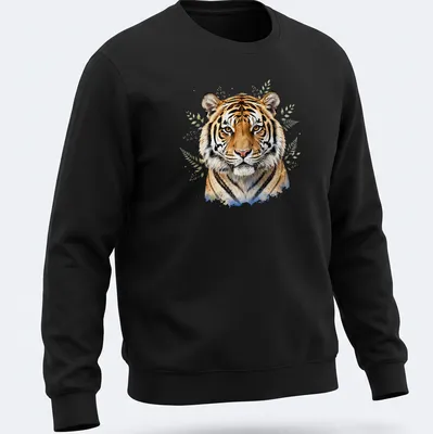 Watercolor print of a majestic tiger with a vibrant background in orange, black, white, green, and blue — printed on a unisex sweatshirt