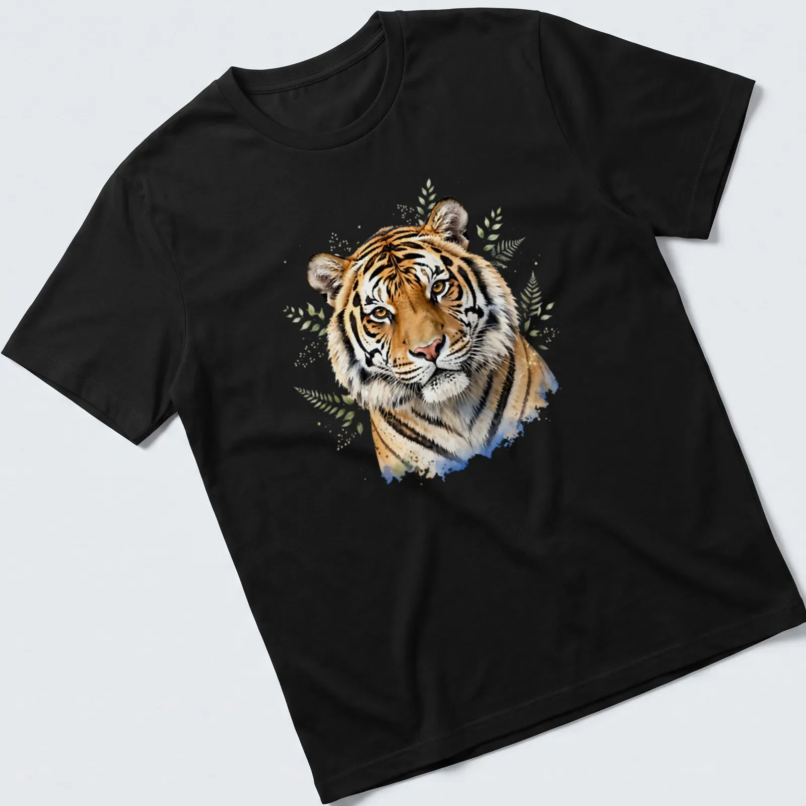 Watercolor print of a majestic tiger with a vibrant background in orange, black, white, green, and blue — printed on a unisex t-shirt