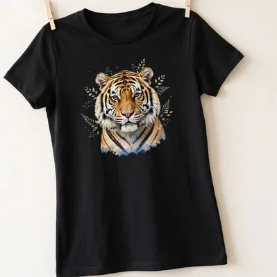 Watercolor print of a majestic tiger with a vibrant background in orange, black, white, green, and blue — printed on a women's shirt