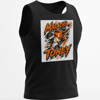 Dynamic illustration of football player Malachi Toney catching a pass in bold colors. — printed on a tank top