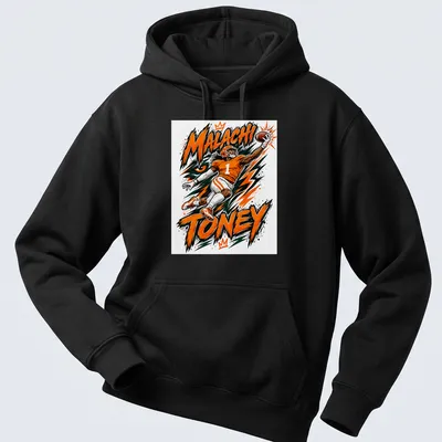 Dynamic illustration of football player Malachi Toney catching a pass in bold colors. — printed on a unisex hoodie