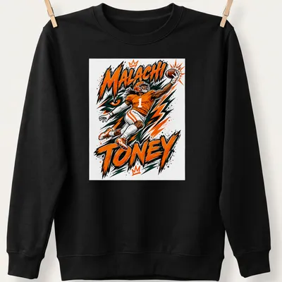 Dynamic illustration of football player Malachi Toney catching a pass in bold colors. — printed on a unisex sweatshirt