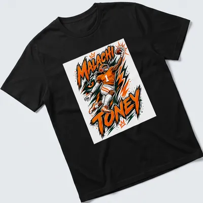 Dynamic illustration of football player Malachi Toney catching a pass in bold colors.