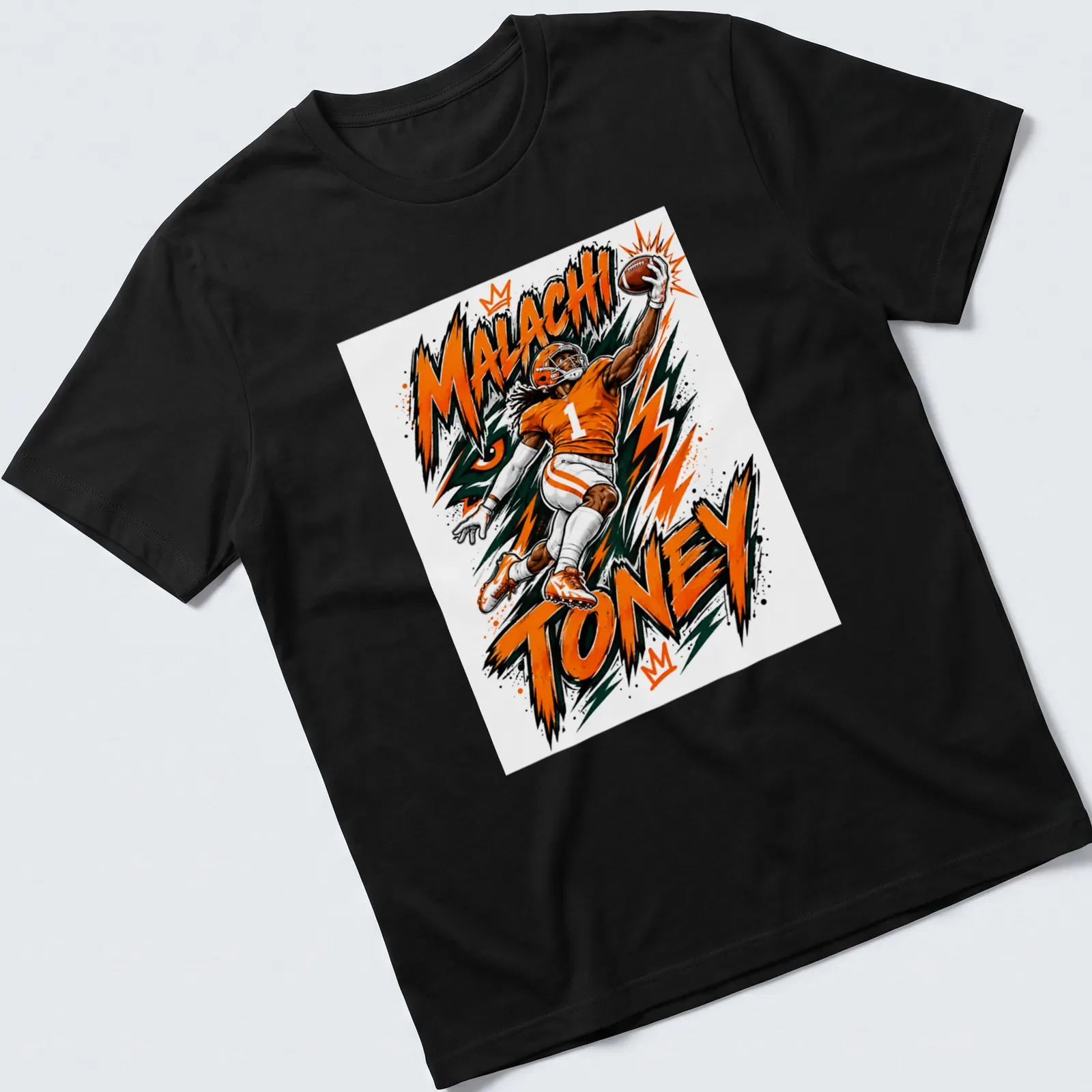 Dynamic illustration of football player Malachi Toney catching a pass in bold colors. — printed on a unisex t-shirt