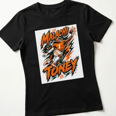 Dynamic illustration of football player Malachi Toney catching a pass in bold colors. — printed on a women's shirt