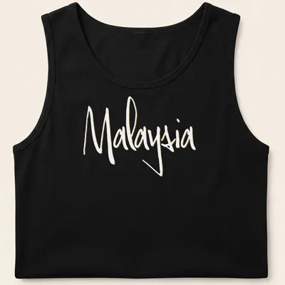 Elegant typography design featuring the word Malaysia in gold and white. — printed on a tank top