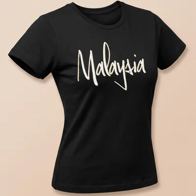 Elegant typography design featuring the word Malaysia in gold and white. — printed on a women's shirt