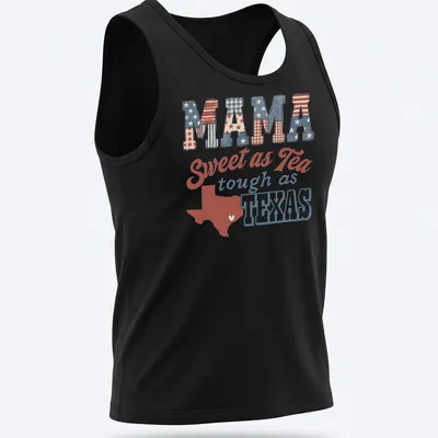 Texas outline with heart, featuring Mama Sweet as Tea Tough as Texas text in vintage Americana style — printed on a tank top