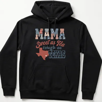 Texas outline with heart, featuring Mama Sweet as Tea Tough as Texas text in vintage Americana style — printed on a unisex hoodie