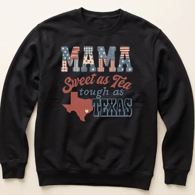 Texas outline with heart, featuring Mama Sweet as Tea Tough as Texas text in vintage Americana style — printed on a unisex sweatshirt