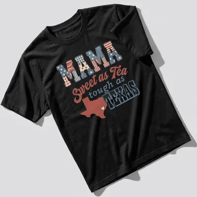 Texas outline with heart, featuring Mama Sweet as Tea Tough as Texas text in vintage Americana style