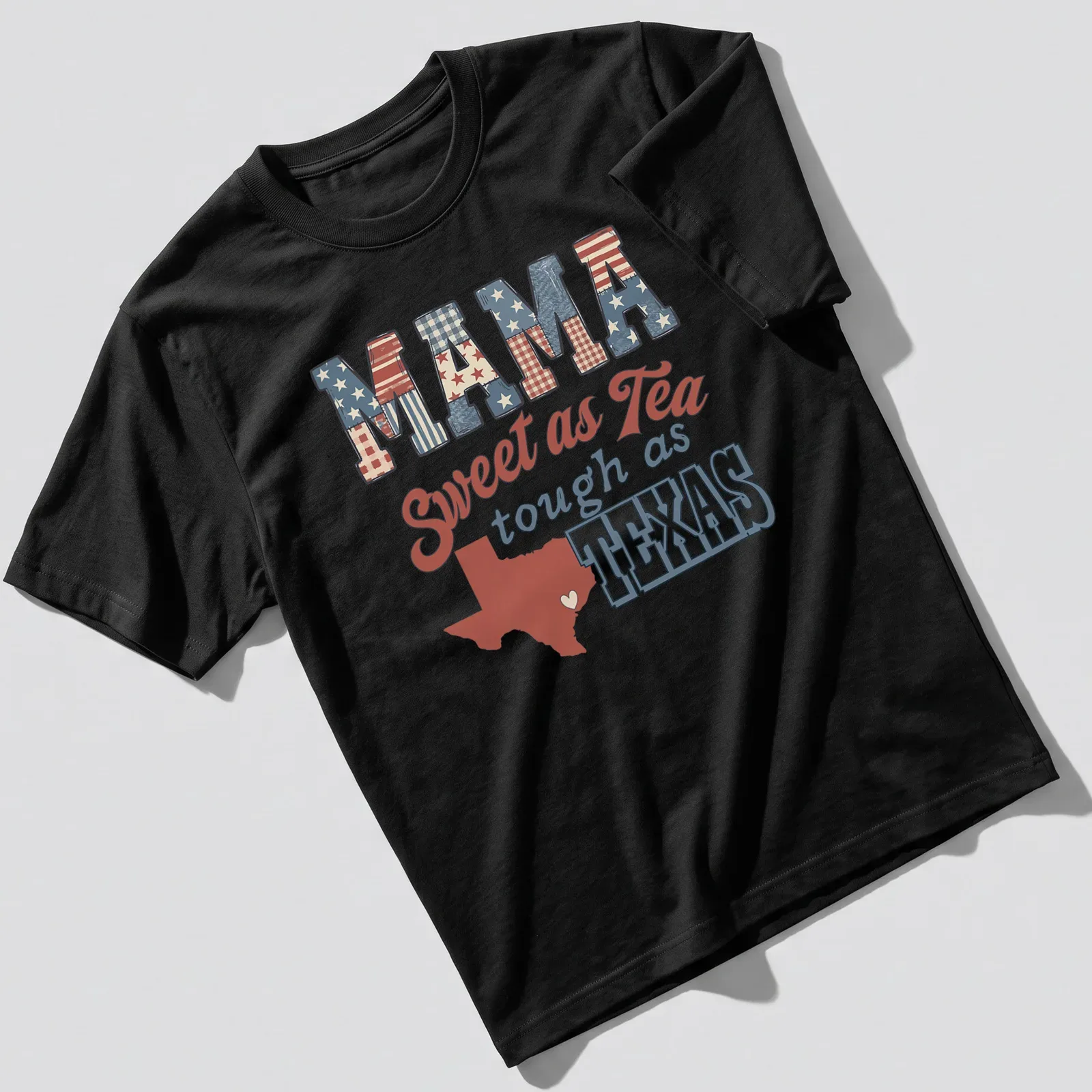 Texas outline with heart, featuring Mama Sweet as Tea Tough as Texas text in vintage Americana style — printed on a unisex t-shirt