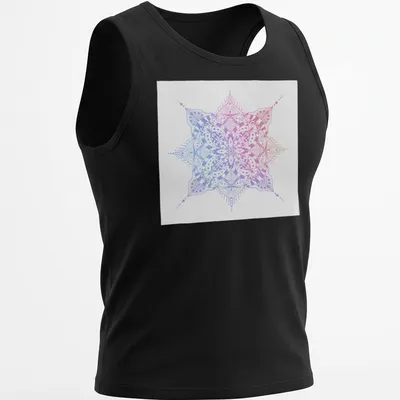 Intricate mandala line art in pink, purple, blue, and white — printed on a tank top