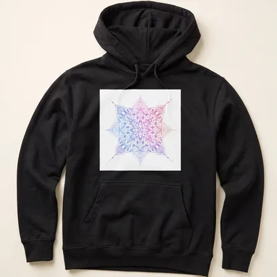 Intricate mandala line art in pink, purple, blue, and white — printed on a unisex hoodie