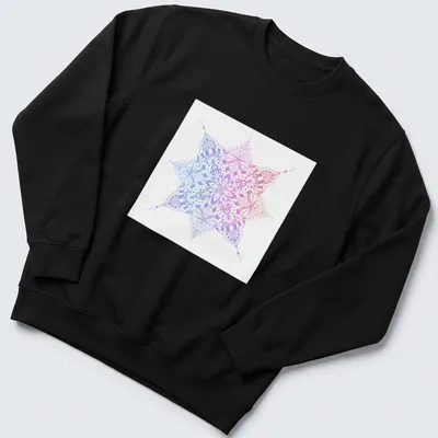 Intricate mandala line art in pink, purple, blue, and white — printed on a unisex sweatshirt