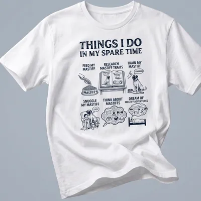Illustrative Mastiff T-shirt with black and white text listing activities for Mastiff lovers