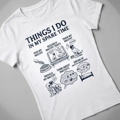 Illustrative Mastiff T-shirt with black and white text listing activities for Mastiff lovers — printed on a women's shirt