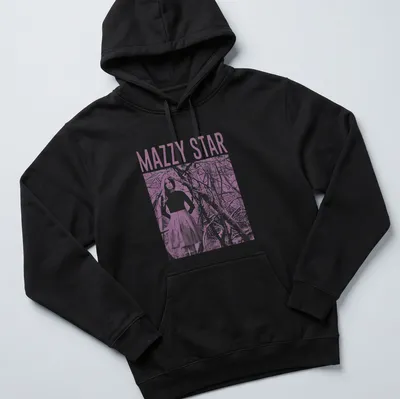 Vintage Mazzy Star t-shirt featuring a woman in a skirt and bold lettering. — printed on a unisex hoodie