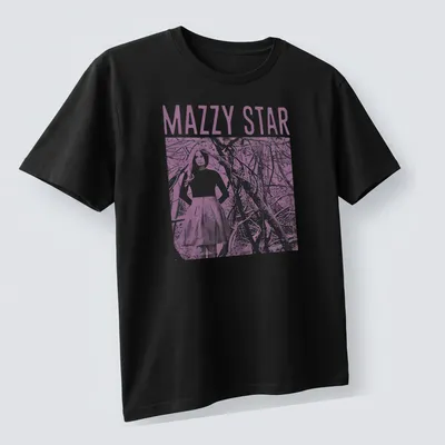 Vintage Mazzy Star t-shirt featuring a woman in a skirt and bold lettering. — printed on a unisex t-shirt (angled view)
