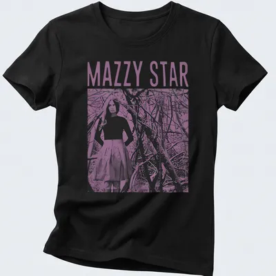 Vintage Mazzy Star t-shirt featuring a woman in a skirt and bold lettering. — printed on a women's shirt