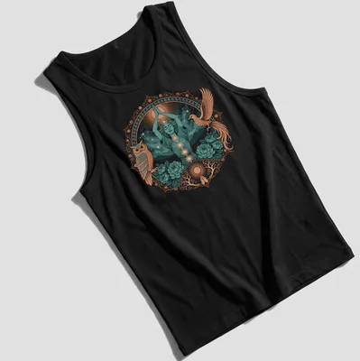 Detailed illustration of a Meditation Goddess with Phoenix and Owl, vibrant colors. — printed on a tank top