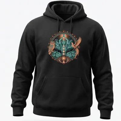 Detailed illustration of a Meditation Goddess with Phoenix and Owl, vibrant colors. — printed on a unisex hoodie