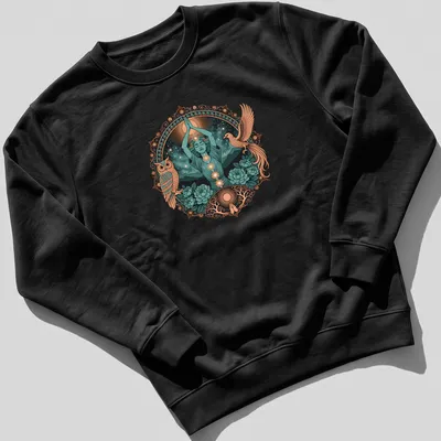 Detailed illustration of a Meditation Goddess with Phoenix and Owl, vibrant colors. — printed on a unisex sweatshirt